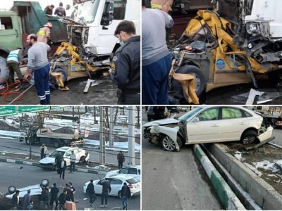 برخورد تریلی با چندین دستگاه خودرو سواری در بلوار آیت‌الله خامنه‌ای منطقه گیلاوند